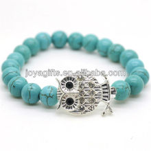 Bracelet en pierres précieuses en pierres rondes et perles rondes turquoise 8 mm avec morceau de hibou en alliage diamant